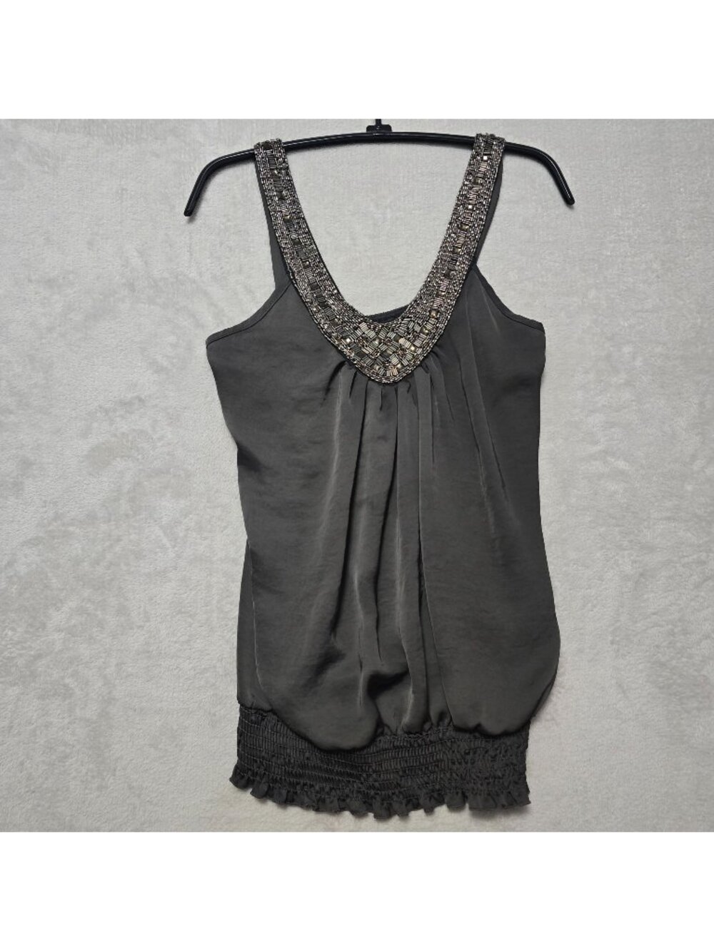 Y2K Agaci Womens Gray Satin Beaded Embellished Sleeveless Smocked Top Small